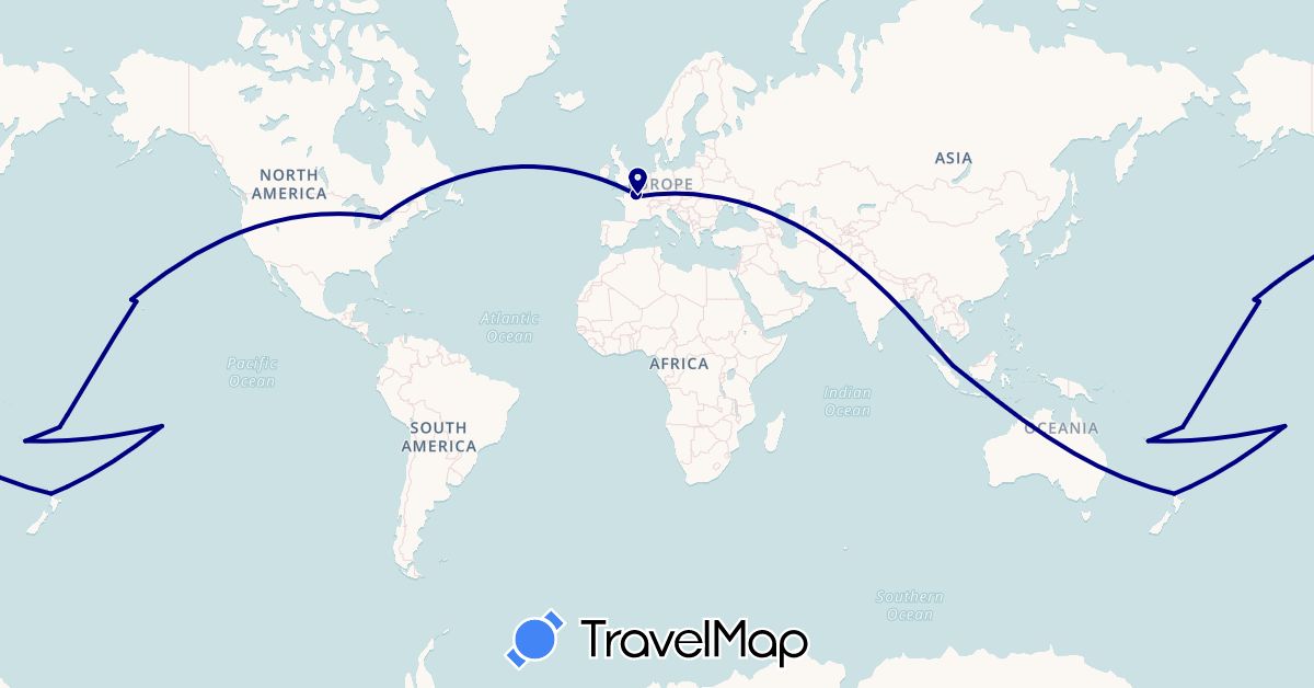 TravelMap itinerary: driving in Canada, Fiji, France, New Caledonia, New Zealand, French Polynesia, Singapore, United States (Asia, Europe, North America, Oceania)